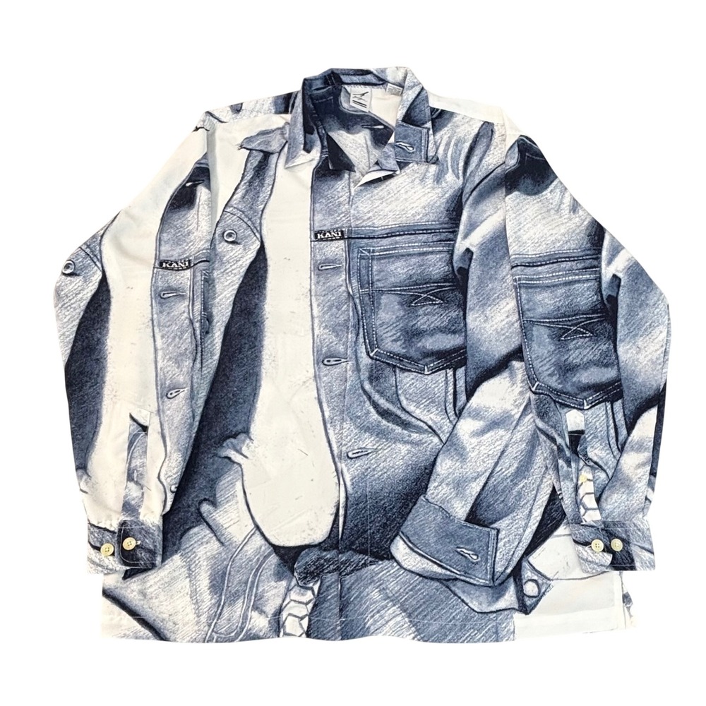 Vtg Karl Kani denim jacket print shirt men's xl blue white